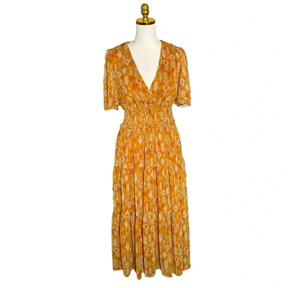 TAYLOR | Smocked Waist Brown Cottagecore Fit-And-Flare Tiered Midi Dress Size S - Picture 2 of 14
